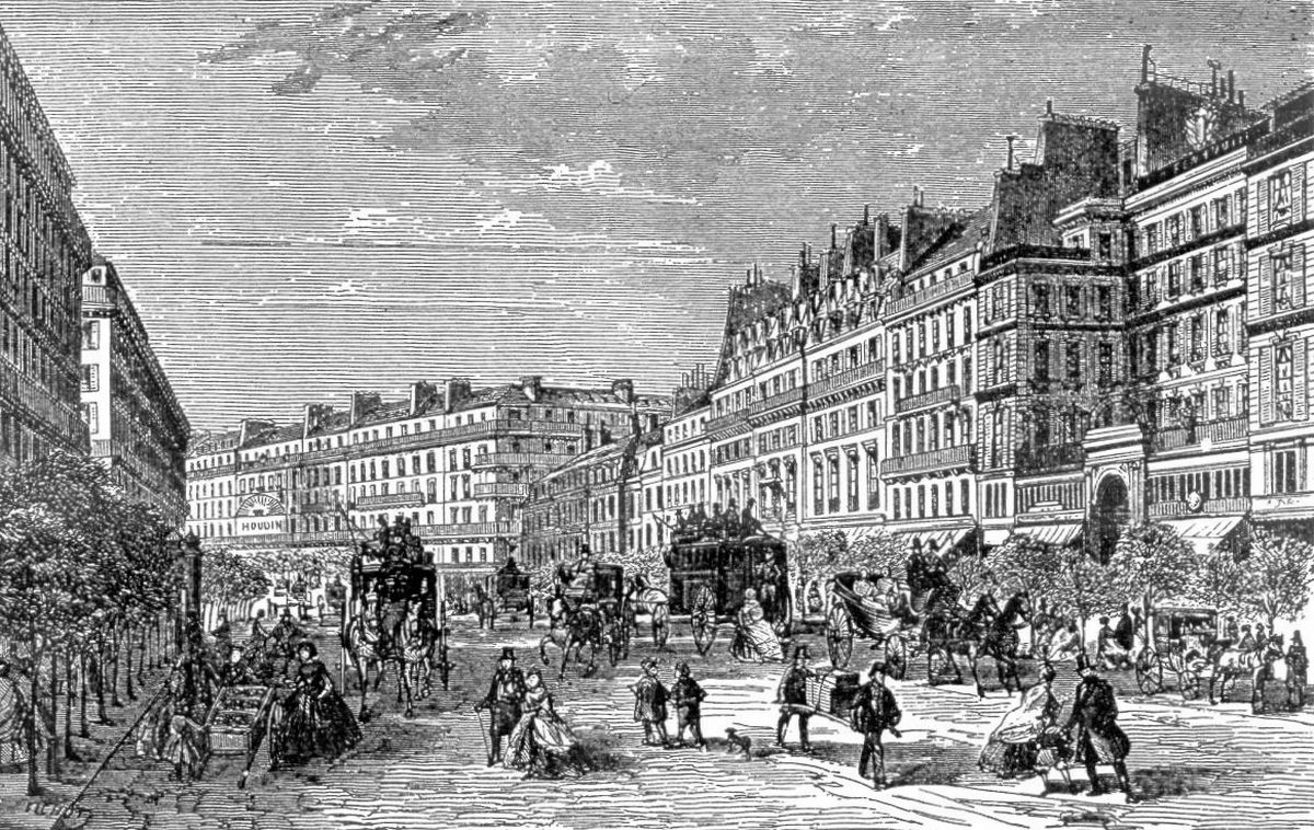 An etching of Paris circa 1860 - Carrefour Richelieu-Drouot, Grands-Boulevards - Courtesy of amourparis.fr Author Benjamin Pépiot
