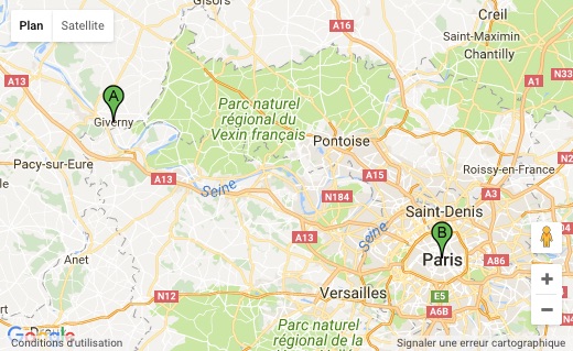 carte générale paris distance Giverny